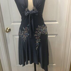 One of a Kind - Chic Dark Blue Backless Dress with Beaded Accents